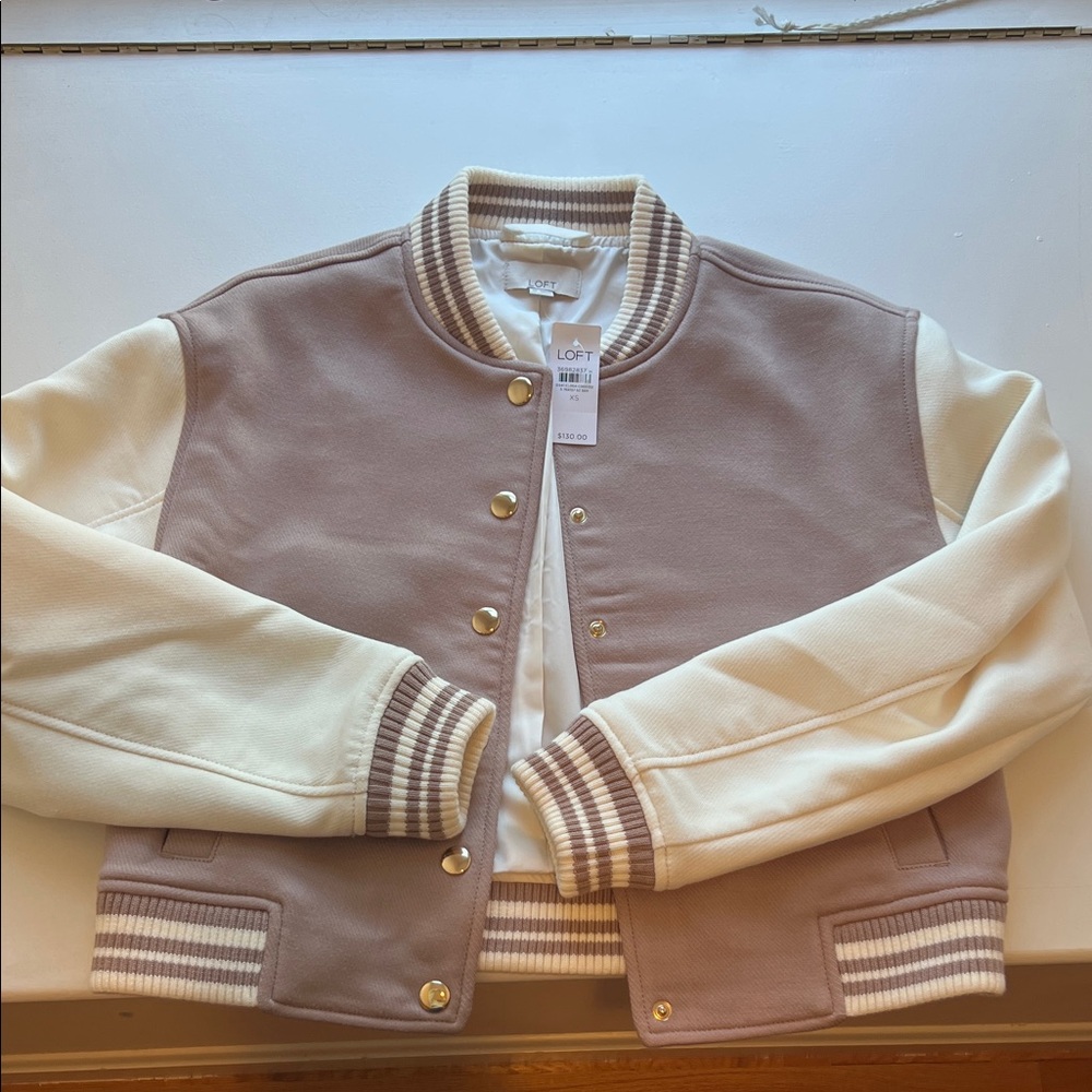 LOFT Tan and Cream Varsity Jacket